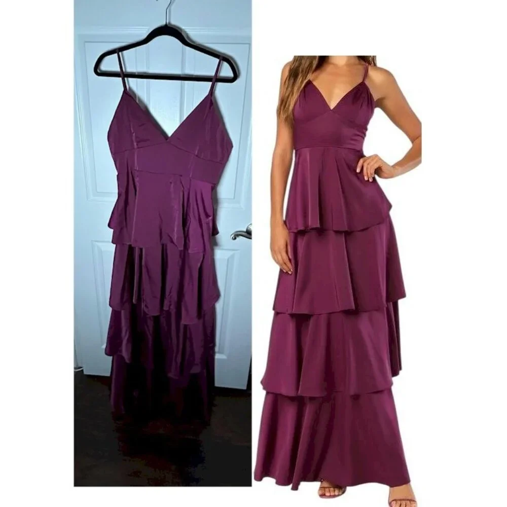 Going with Elegance Plum Purple Satin Tiered Gown Size XL NWOT